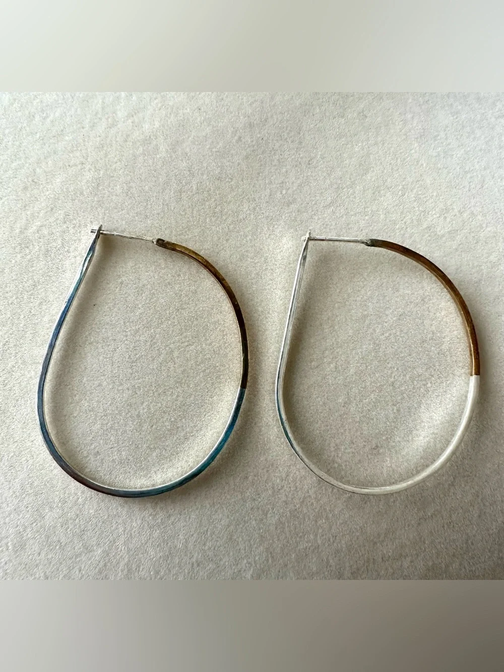 Two-Tone Teardrop Hoop Earrings Silver Gold Tone Modern Minimalist